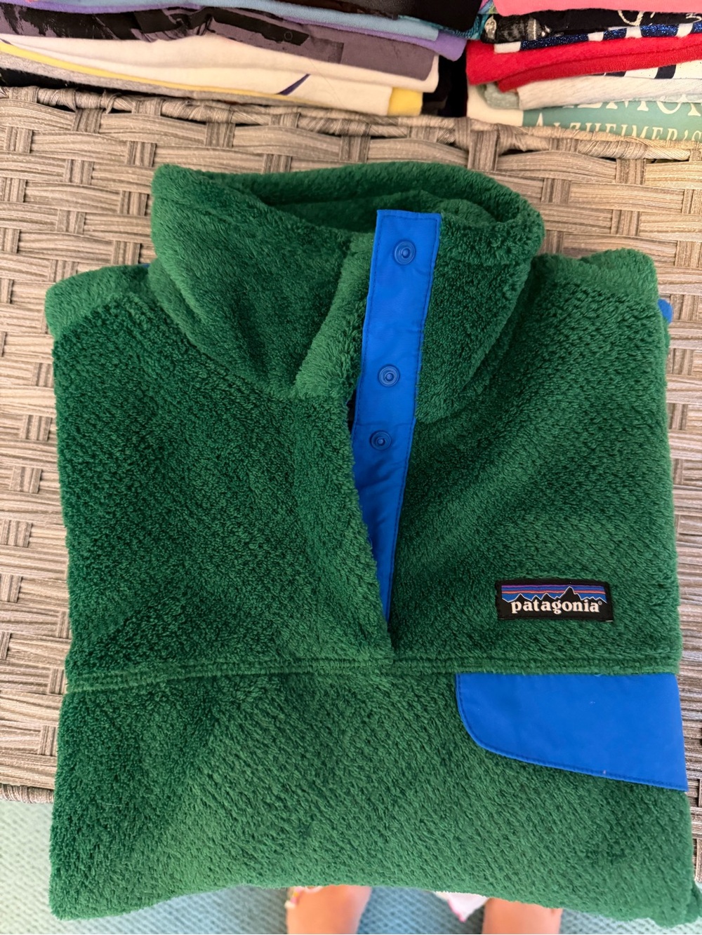 Patagonia Green Fleece Pullover with Blue Snap Placket